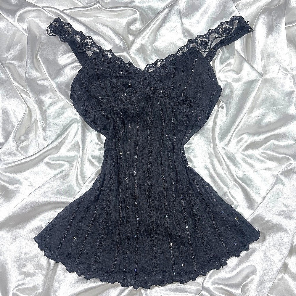 y2k Fire Camisole Top Black Lace Trim Sequin Stripes Sleeveless Tank